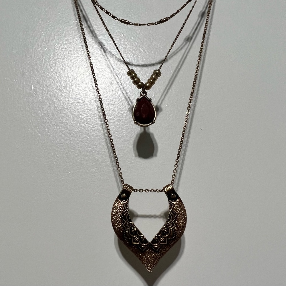Tri-Tier Statement Necklace, Gold/Red